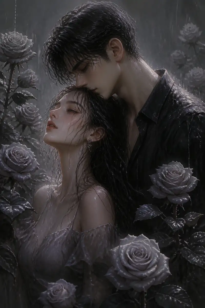 หยาดฝนที่ร่วงหล่นบนกลีบกุหลาบสีเทา