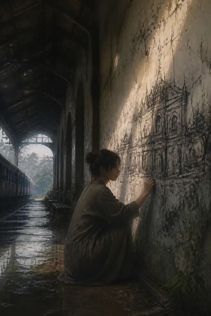 รอยขีดเขียนบนผนังปูนเก่าในสถานีรถไฟร้าง